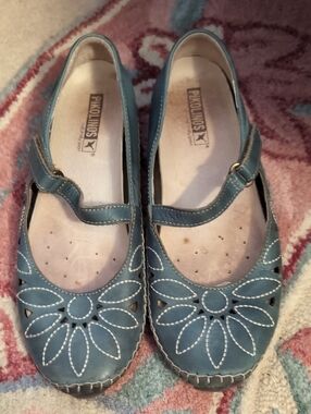 PIKOLINOS Teal Blue Leather Mary Jane Flats with Floral Cutouts
